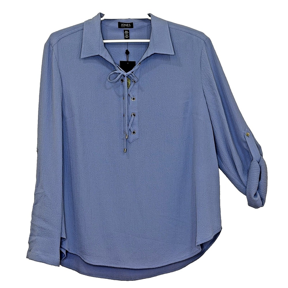 Jones New York Top Womens Sz XL Blue Long Roll‎ Tab Sleeve Collar Tie V-Neck NEW